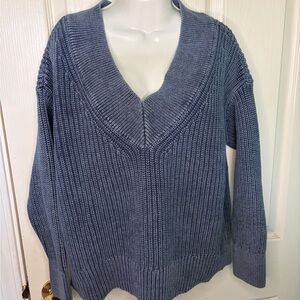 Aerie Blue Ribbed Knit Pullover Sweater V-Neck Long Sleeve S/P Petites